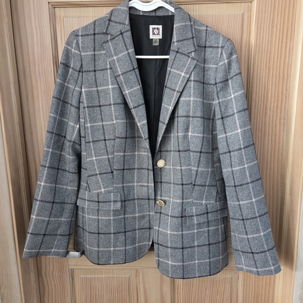 Anne Klein Gray Plaid Blazer Business Casual Work Attire Medium